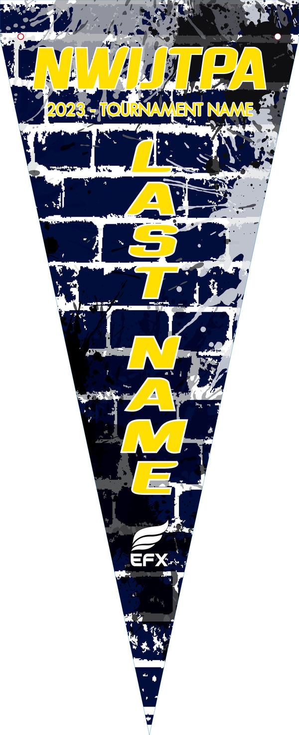 Navy bowling pennant with yellow text and distressed brick pattern graphic