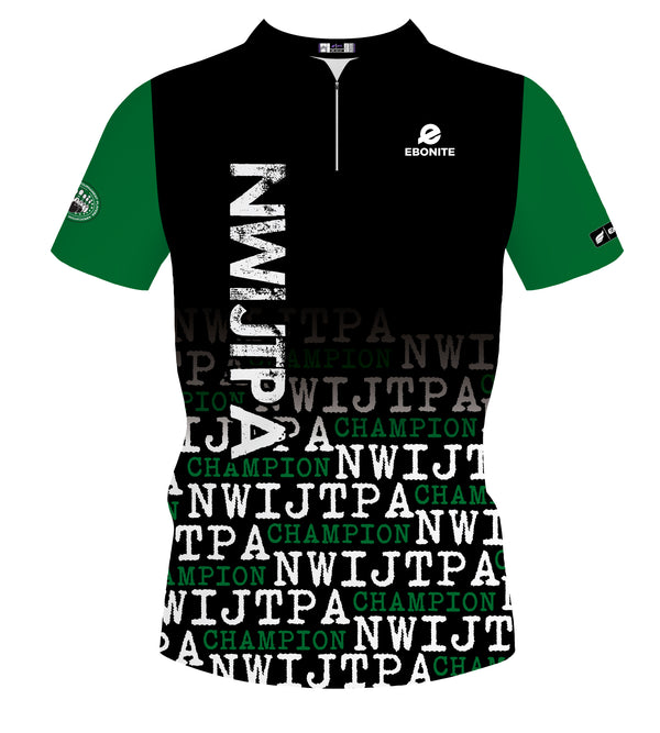 Black and green bowling jersey front view with white text graphic and logo