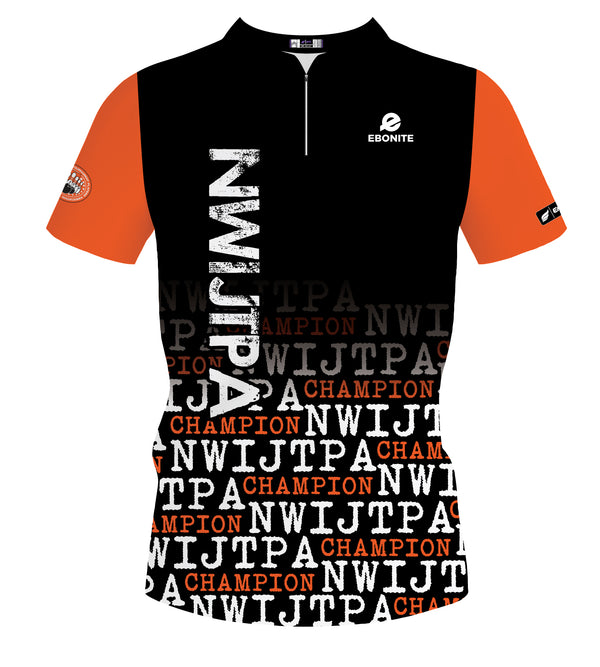 Black and orange bowling jersey with NWIJTPA and Champion text pattern, front view