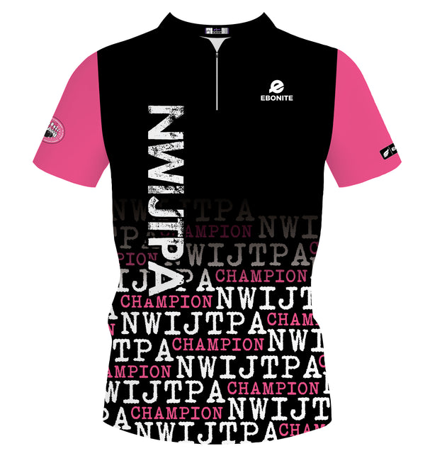 Black and pink bowling jersey with white distressed text and champion graphics on front