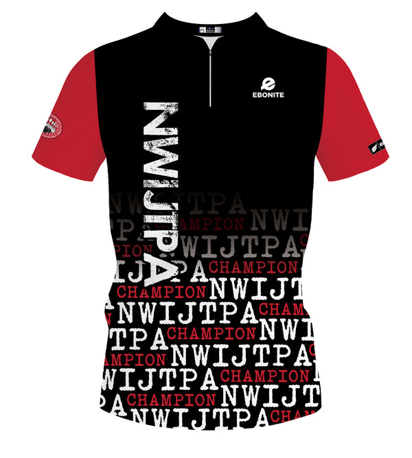 Black bowling jersey with red sleeves featuring repeated text pattern and Ebonite logo