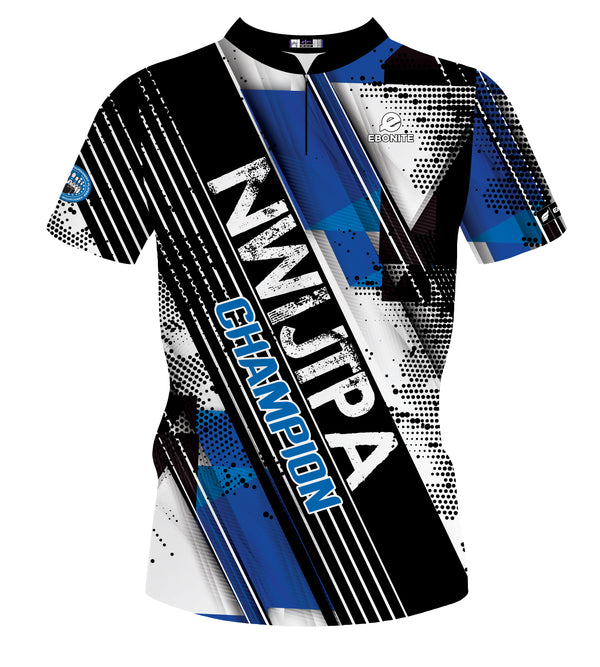 Women's bowling jersey front view with blue, black, white geometric and halftone pattern design