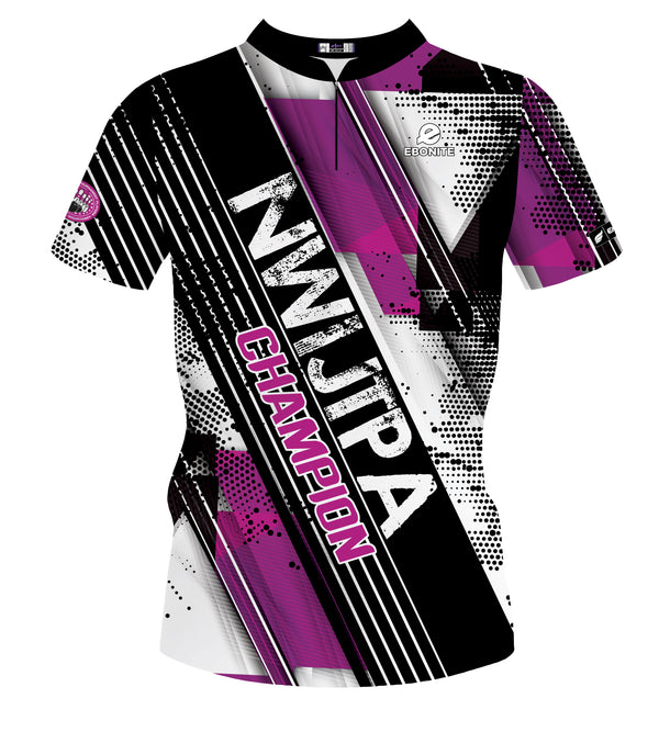 Front view of womens bowling jersey with black, white, purple, and fuschia geometric design and text