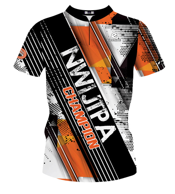 Women's bowling jersey front view with orange, black, white geometric and halftone pattern design