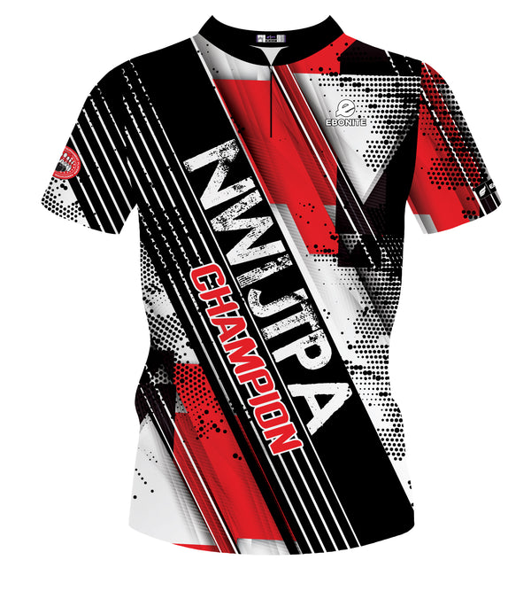 Women's bowling jersey in red, black, white with geometric halftone pattern and text design, front view