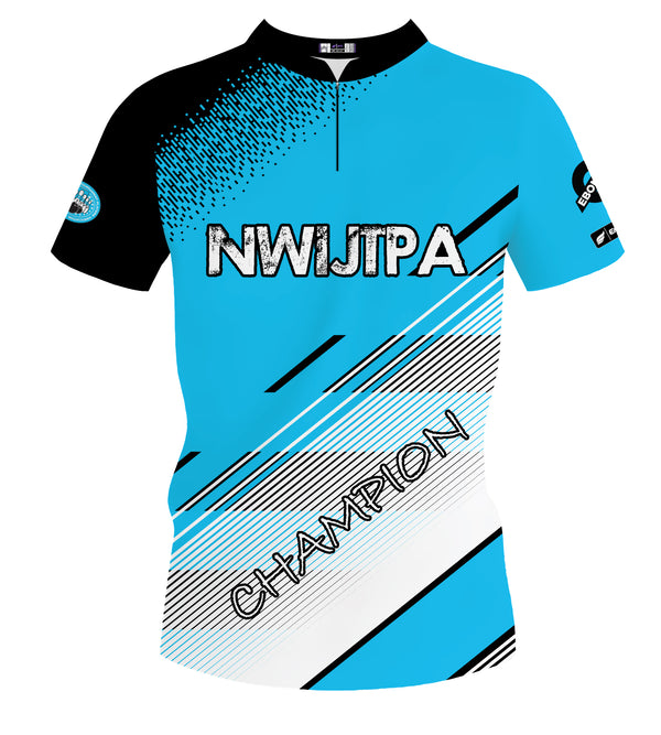 Black and cyan bowling jersey with diagonal stripes and text graphic, front view