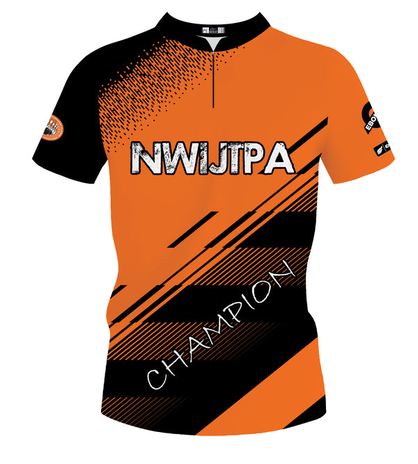 Black and orange bowling jersey with NWIJTPA text and diagonal stripe design