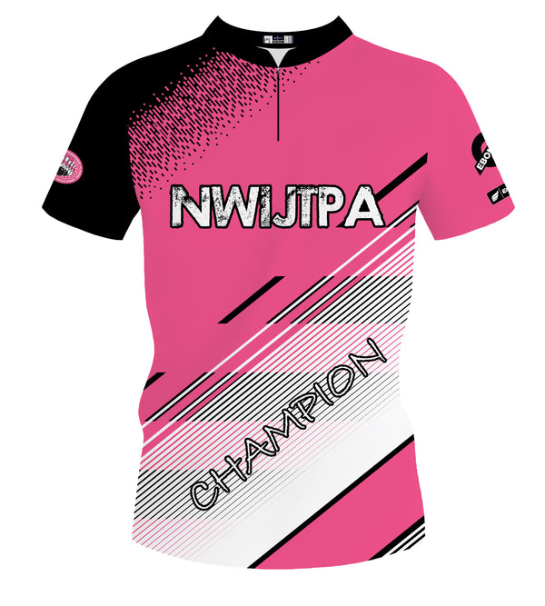 Black and pink bowling jersey with geometric design and text detail