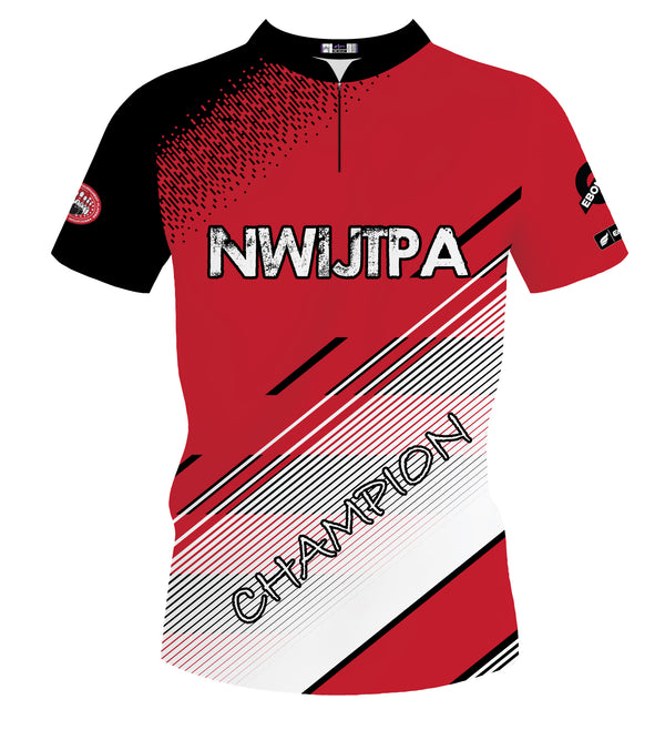 Red and black bowling jersey with white text and diagonal striped design, front view