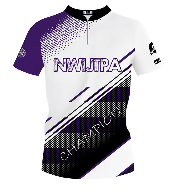 Purple, white, and black bowling jersey with diagonal stripe pattern and text