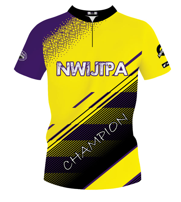 Purple, yellow, and black bowling jersey with diagonal stripes and text