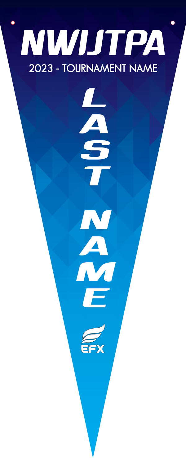 Blue bowling pennant with geometric pattern and white text design