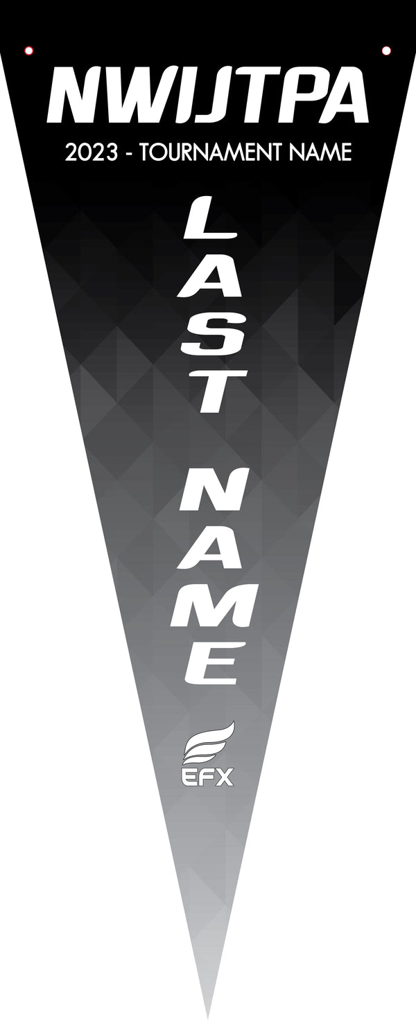 Black bowling pennant with white text and geometric pattern design