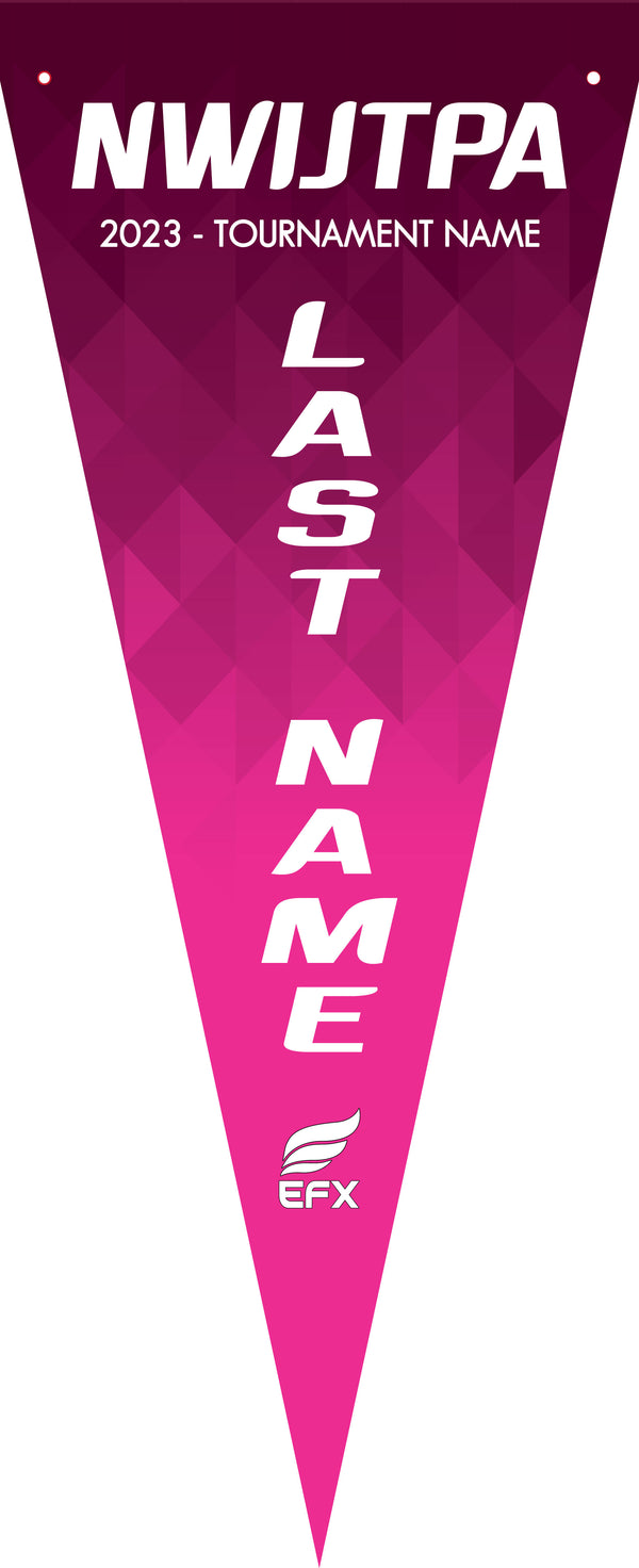Pink bowling pennant with geometric pattern and white text design