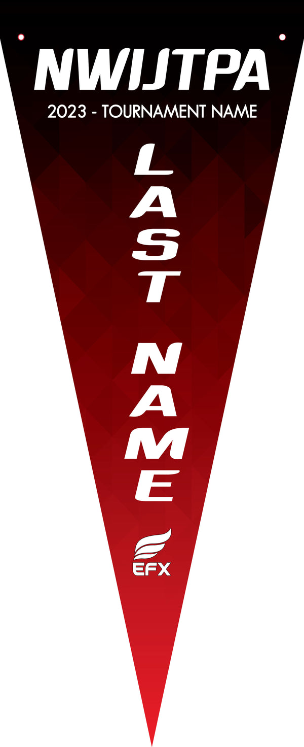Red bowling tournament pennant with white text and EFX logo detail