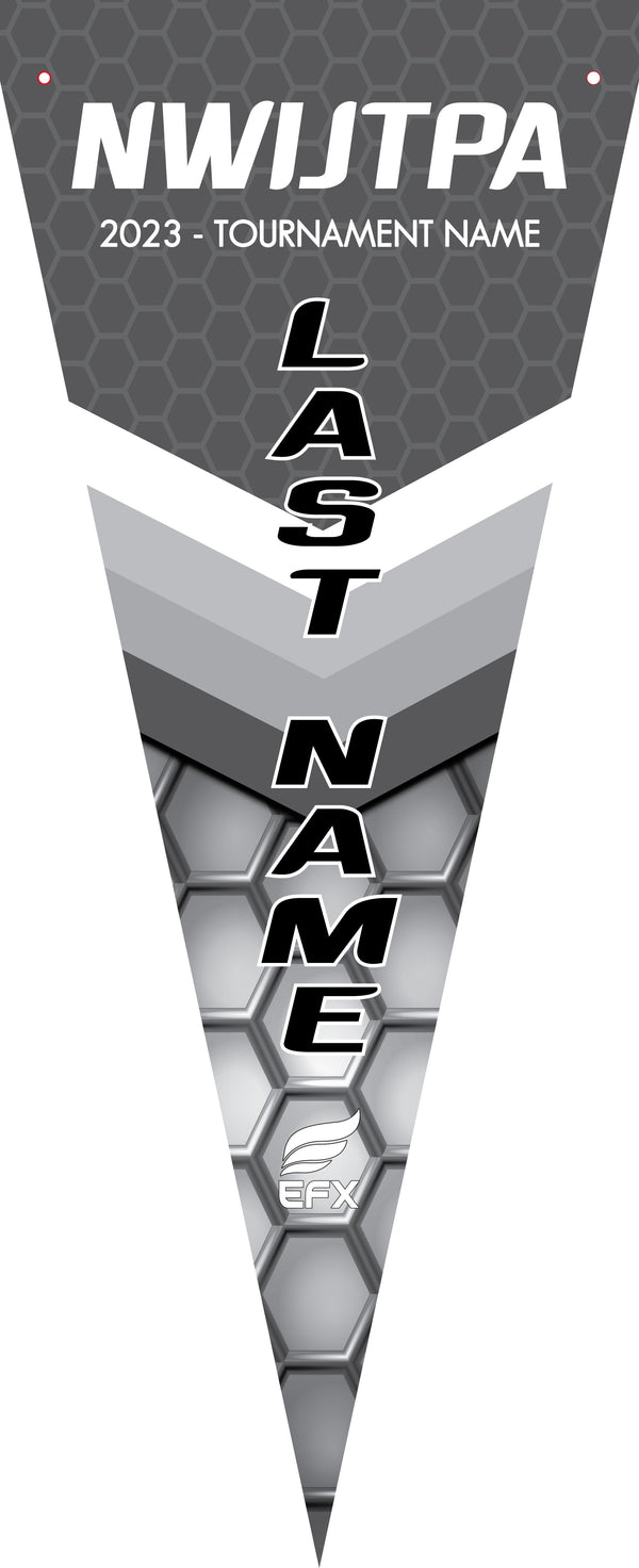 Gray bowling pennant with honeycomb pattern and Last Name text design