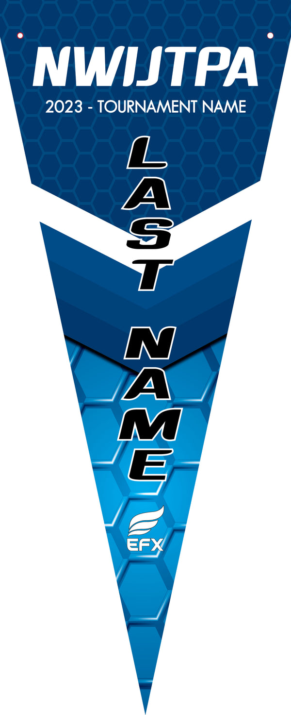Blue bowling tournament pennant with honeycomb pattern and team name text
