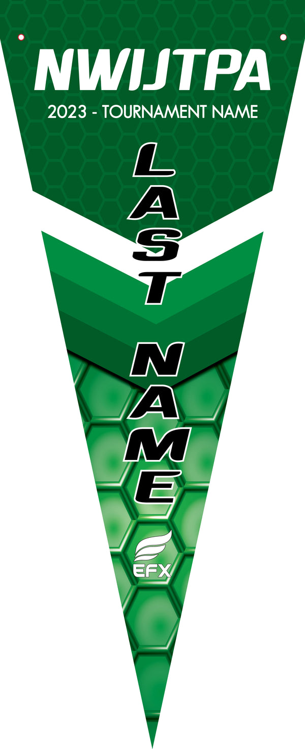 Green bowling pennant with honeycomb pattern and stacked text design