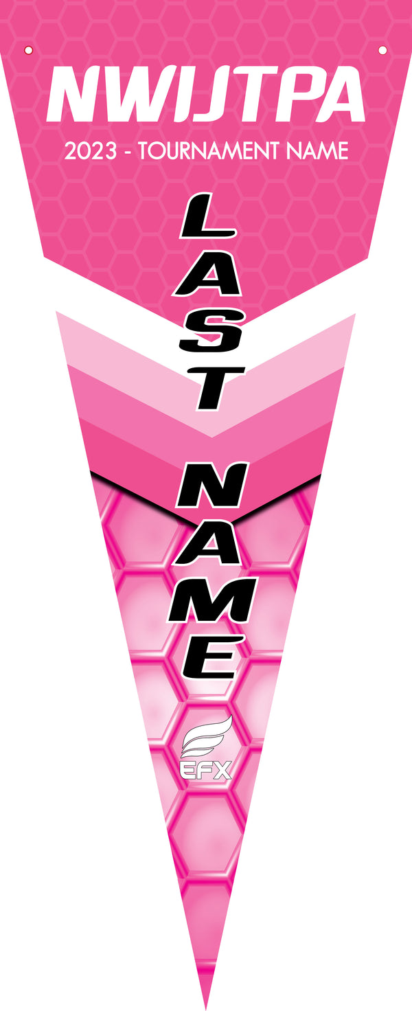 Pink bowling pennant with white and black text design detail