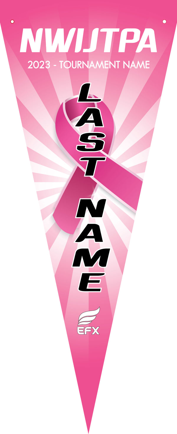 Pink bowling pennant with radiating stripes and vertical text design