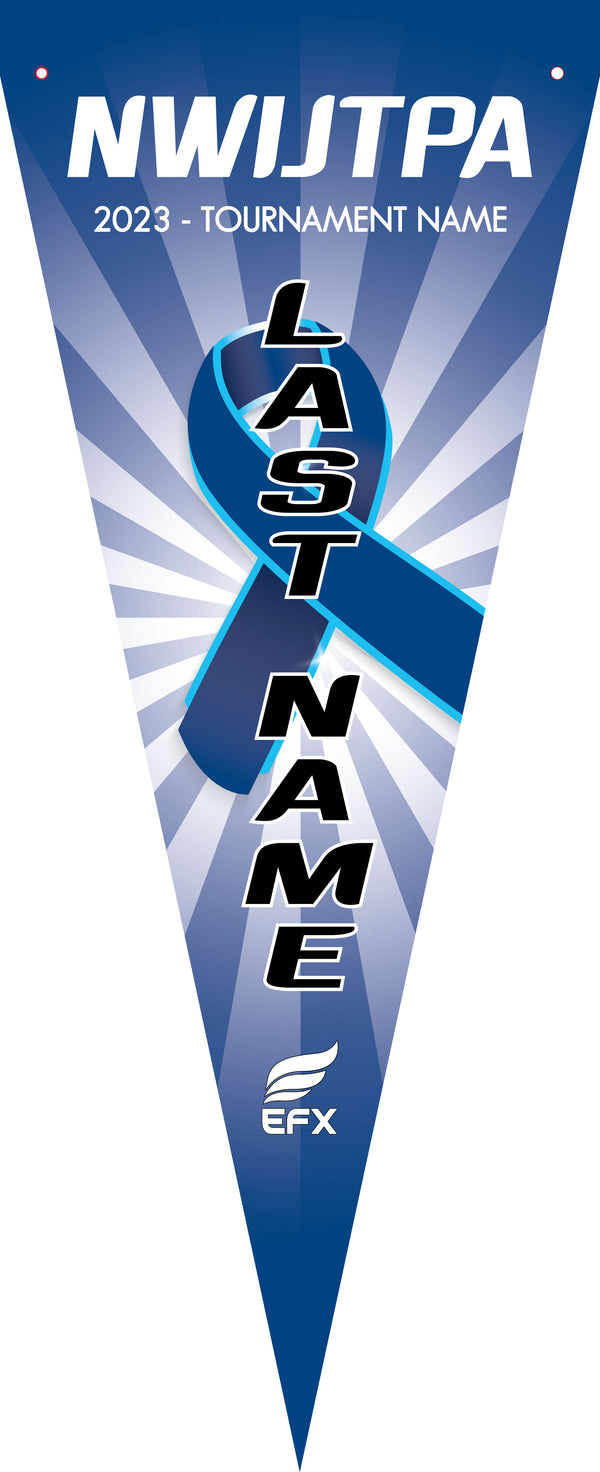Blue bowling tournament pennant with radiating design and vertical text layout