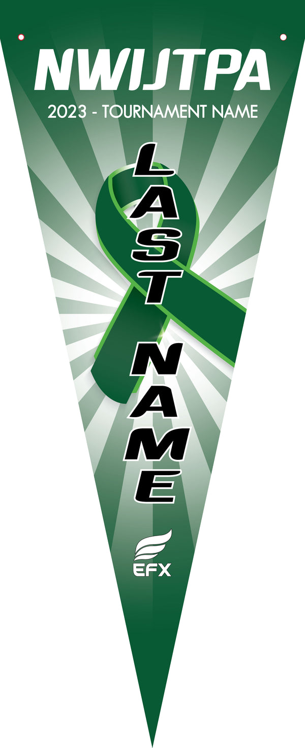 Green bowling pennant with radiating stripes and tournament text design