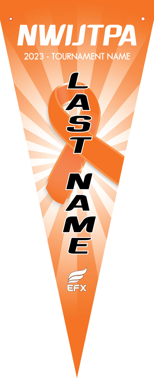 Orange bowling pennant with black diagonal text and radial stripe design