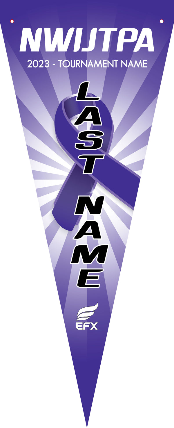 Purple bowling tournament pennant with radiating stripes and black text overlay