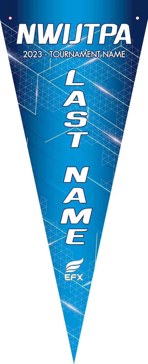 Blue bowling pennant with geometric pattern and white text design