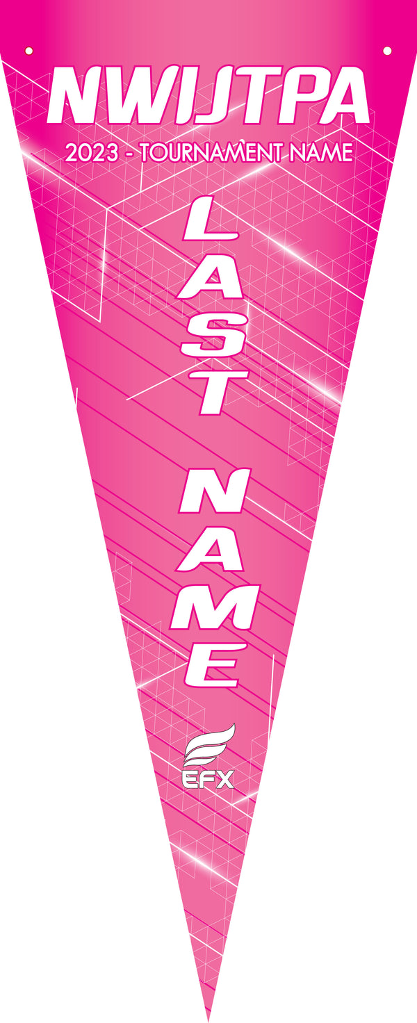 Pink bowling pennant with NWIJTPA text and geometric pattern design