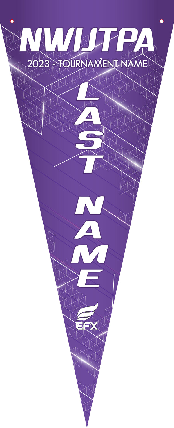Purple bowling pennant with white text and geometric pattern design