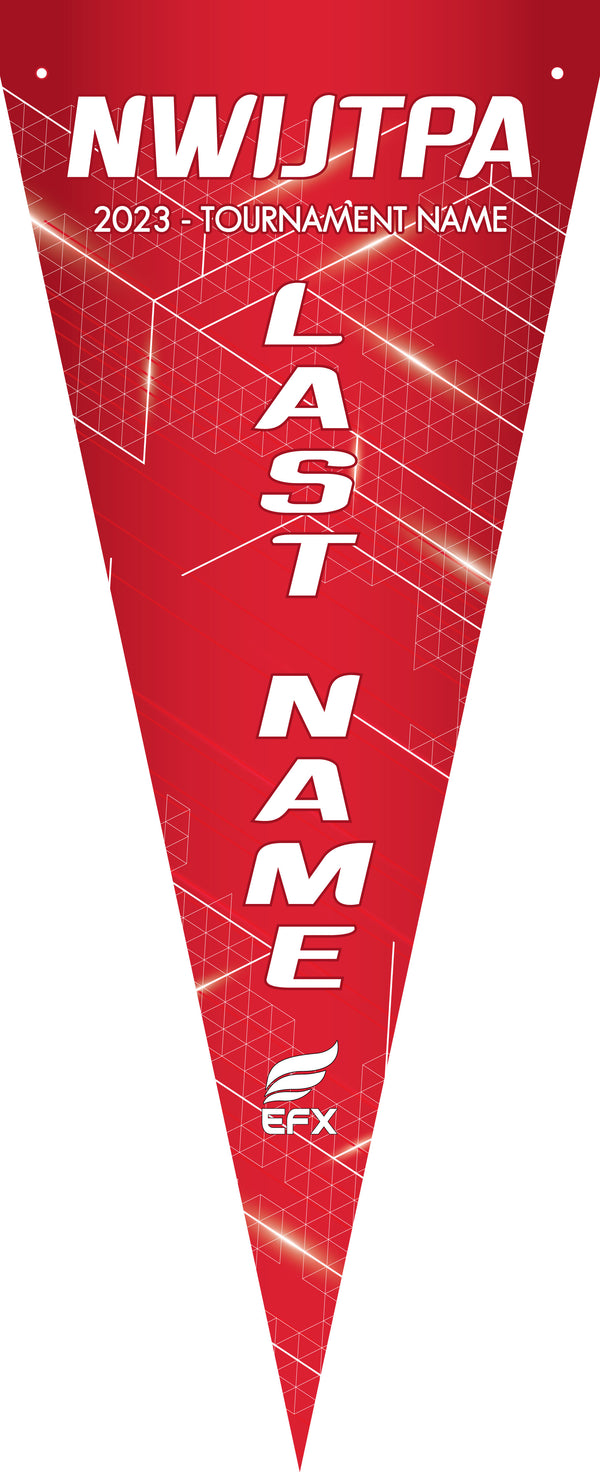 Red bowling pennant with white text and geometric pattern design
