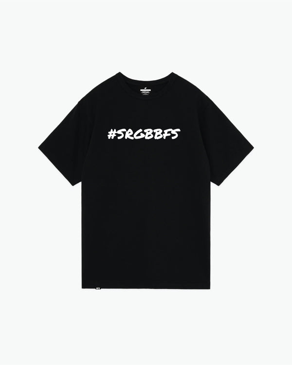 Black short-sleeve tee with white hashtag and text graphic on front