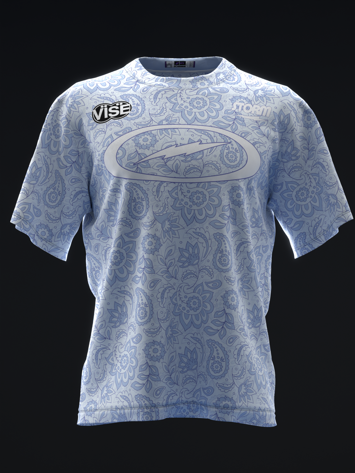 Light blue bowling jersey with all-over paisley pattern and oval logo graphic