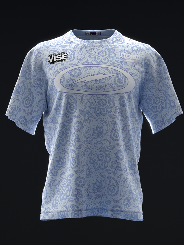 Light blue bowling jersey with all-over paisley pattern and oval logo graphic