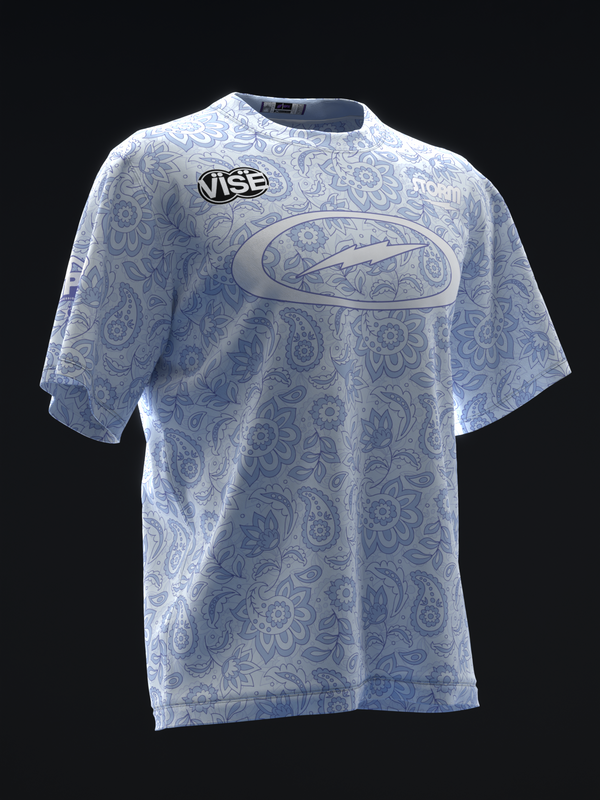 Light blue bowling jersey with all-over paisley pattern and oval graphic on front