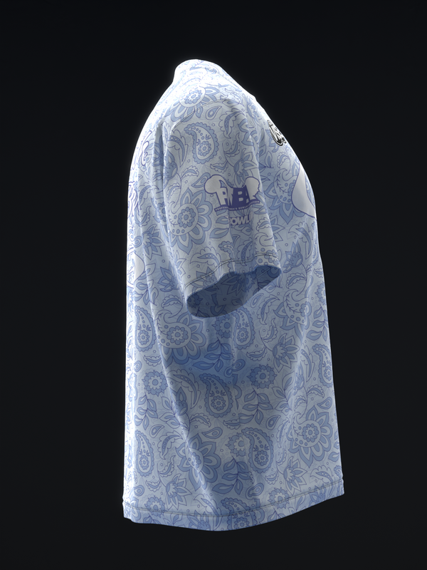 Light blue bowling jersey with all-over paisley pattern, side view