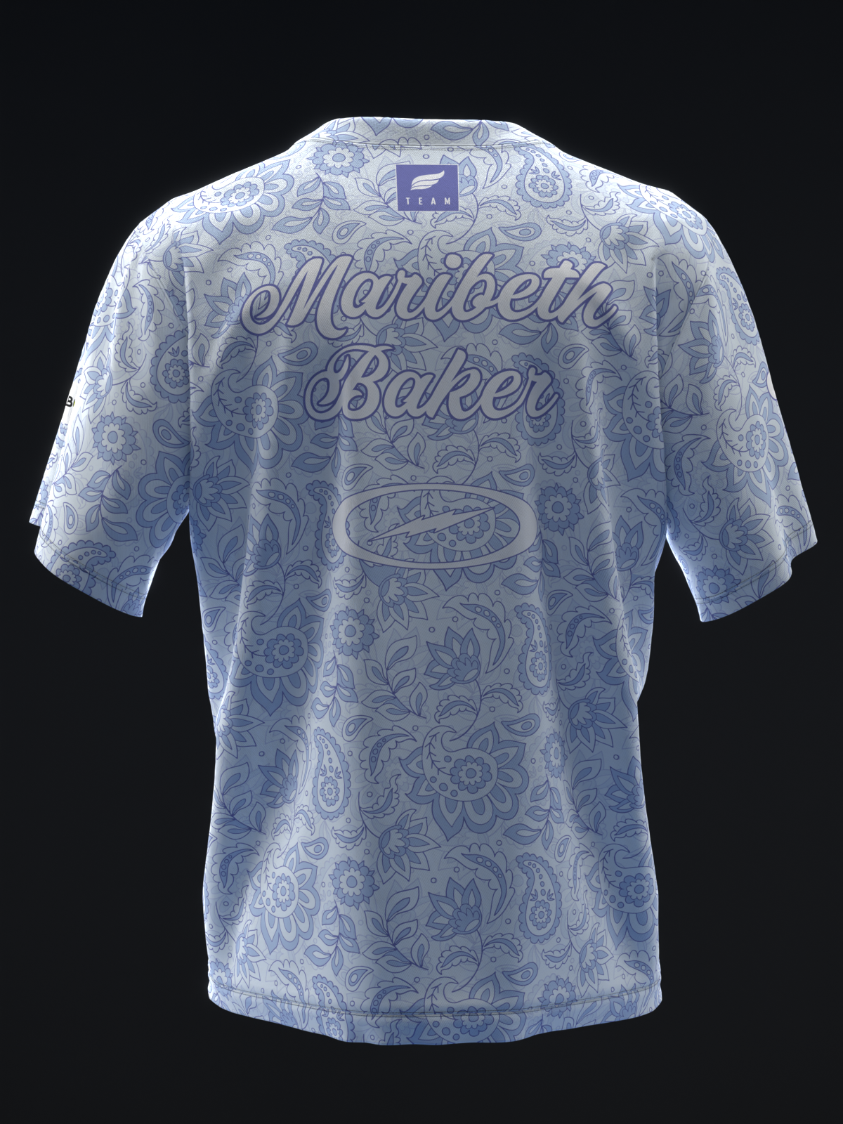 Light blue bowling jersey with paisley pattern and Maribeth Baker text, back view