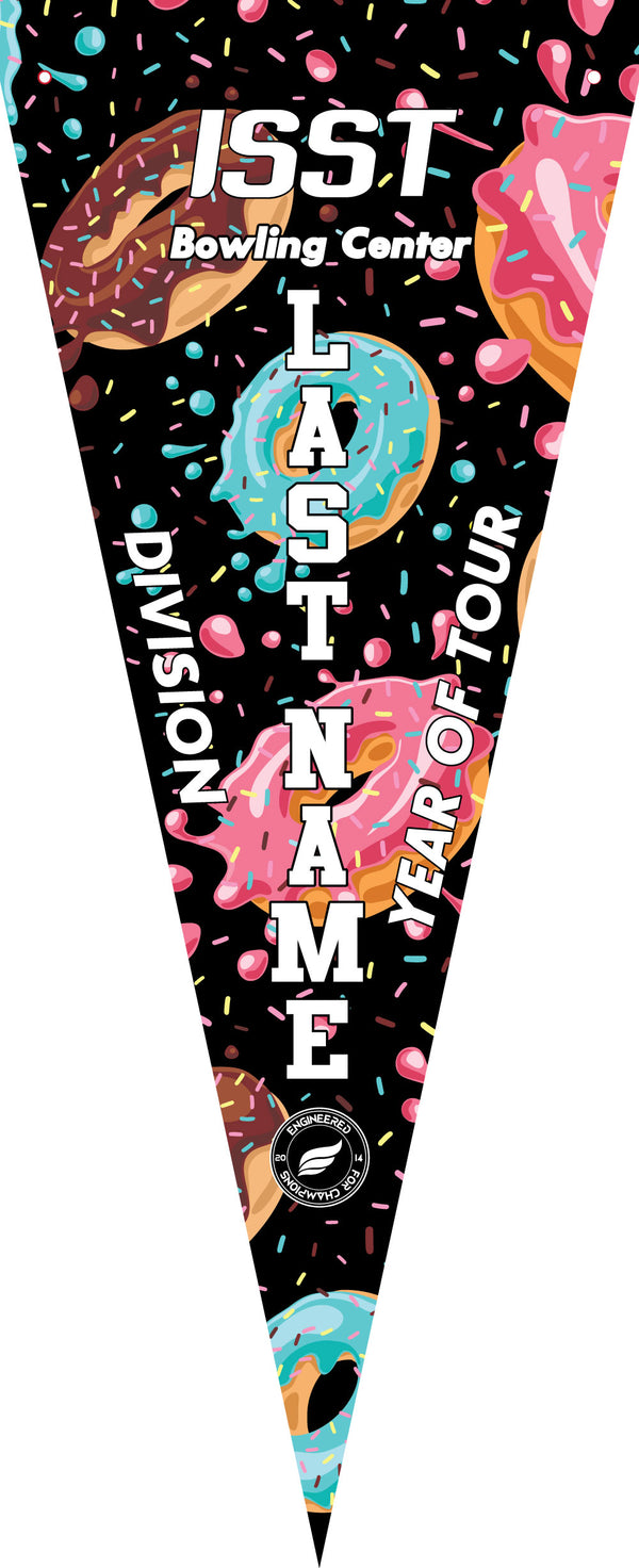Black bowling pennant with colorful donut graphics and white text design