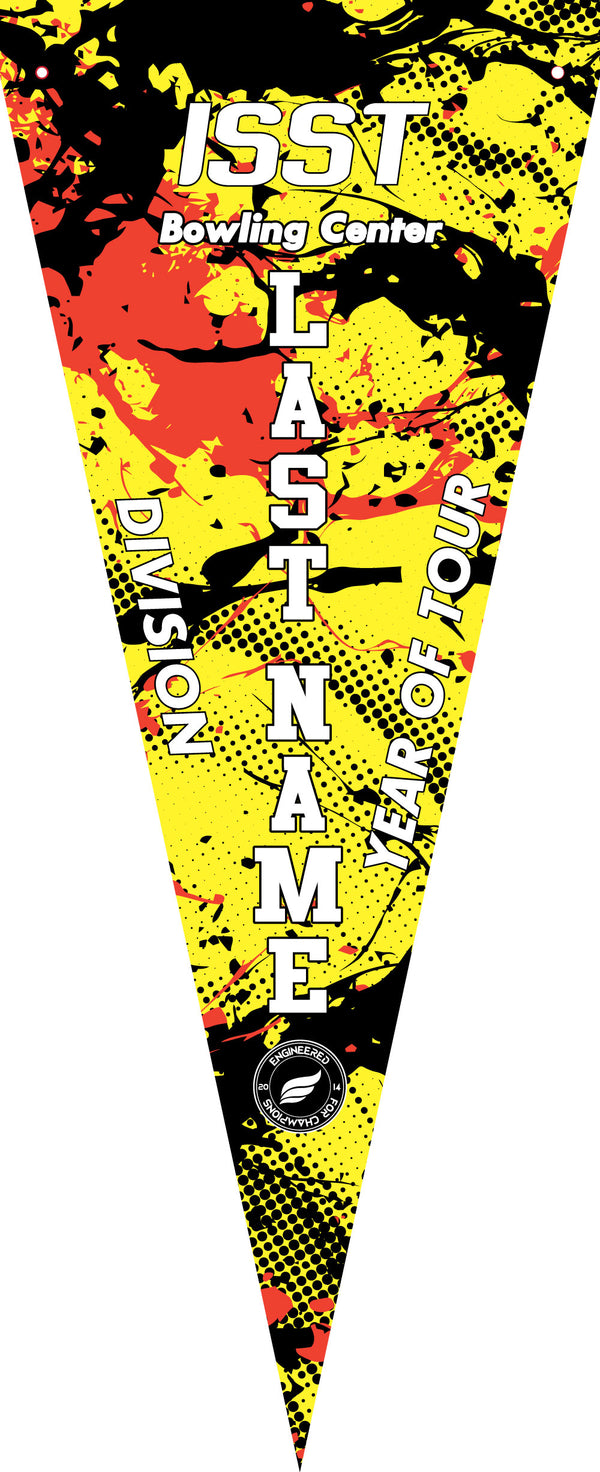 Yellow and black bowling pennant with red splatter design and white text