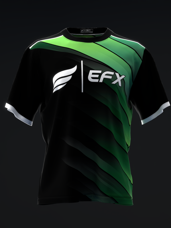 Black and green bowling jersey with EFX logo and curved geometric design, front view