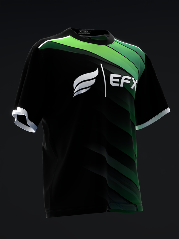 Black bowling jersey with lime green and dark green diagonal stripe design and EFX logo