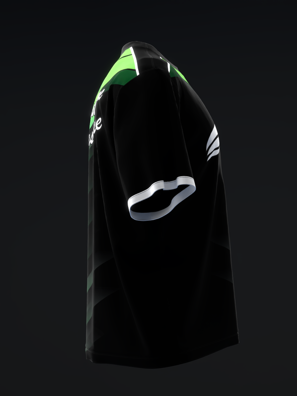 Black bowling jersey with neon green and white geometric accents, side view