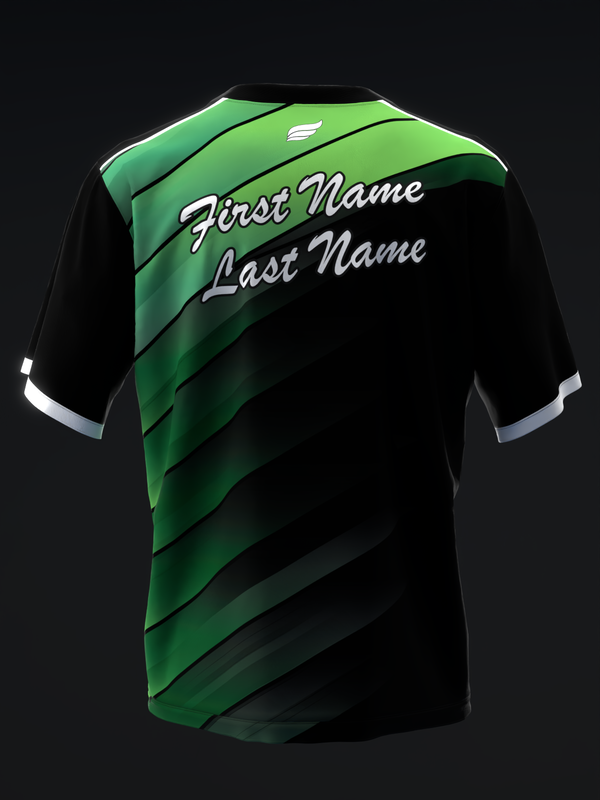Black and green bowling jersey with diagonal stripe design and name placement