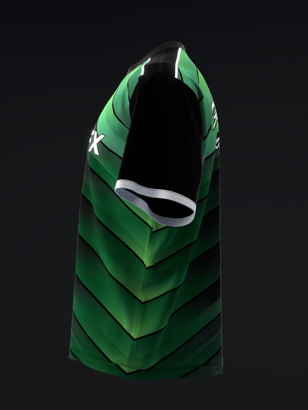 Green bowling jersey with black accents and white graphic on front view