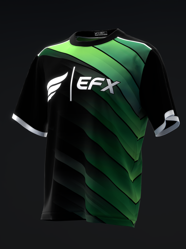Black and green bowling jersey with diagonal stripe pattern and EFX logo, front view