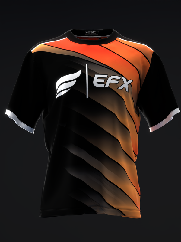 Black and orange bowling jersey with diagonal stripe design and EFX logo, front view
