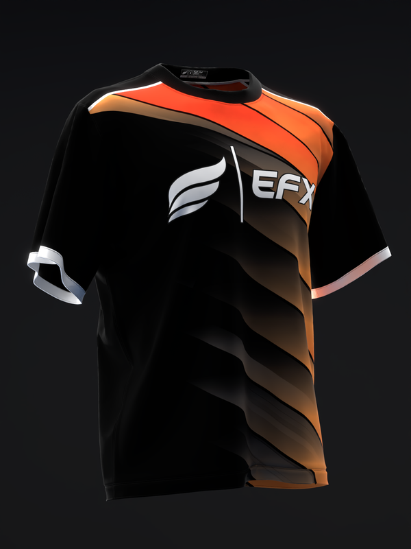 Black bowling jersey with orange and tan diagonal stripes and EFX logo