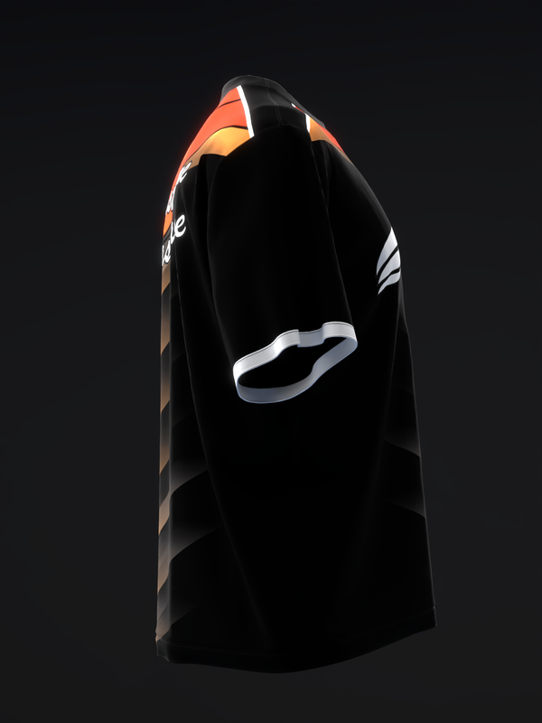 Black bowling jersey with orange and white geometric design on shoulder