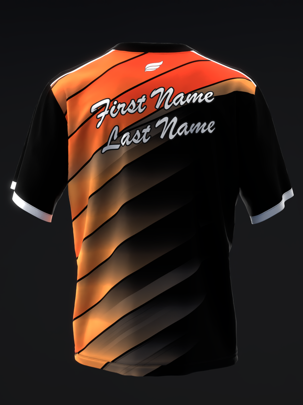Black and orange bowling jersey with diagonal stripe design and personalization text